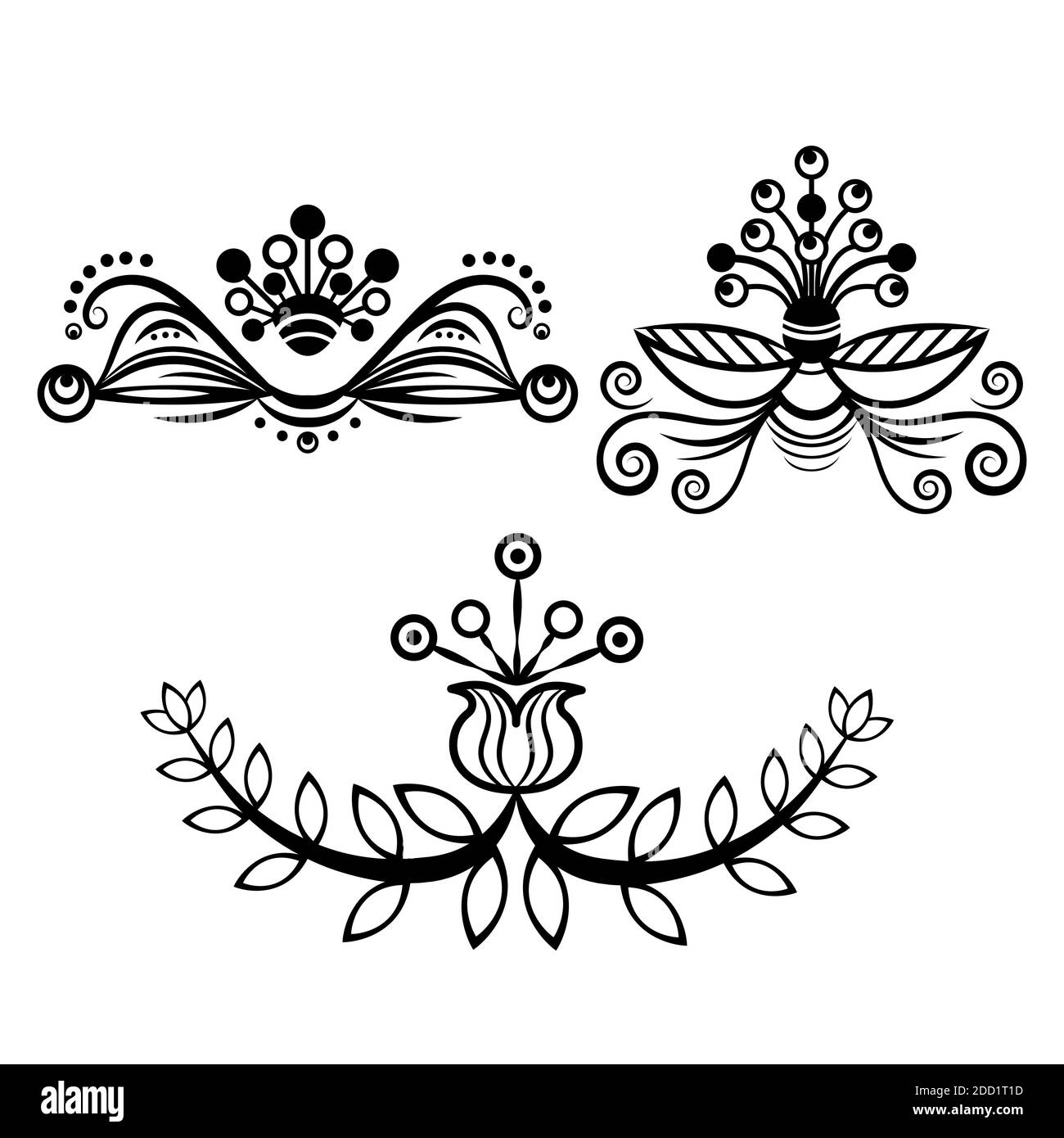 Set abstract floral ornament, delimiter, frame, border, pattern, black and  white drawing with curls, swirl, flower, leaf, decorative element, tattoo  Stock Vector Image & Art - Alamy