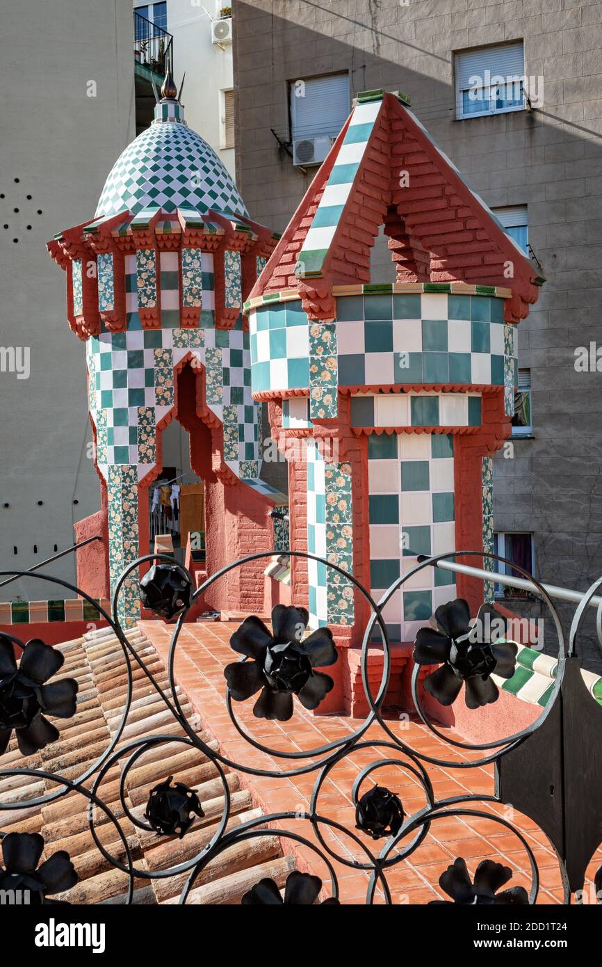 Brick chimneys with tiles on the rooftop of Casa Vicens in Barcelona, Catalonia, Spain Stock Photo