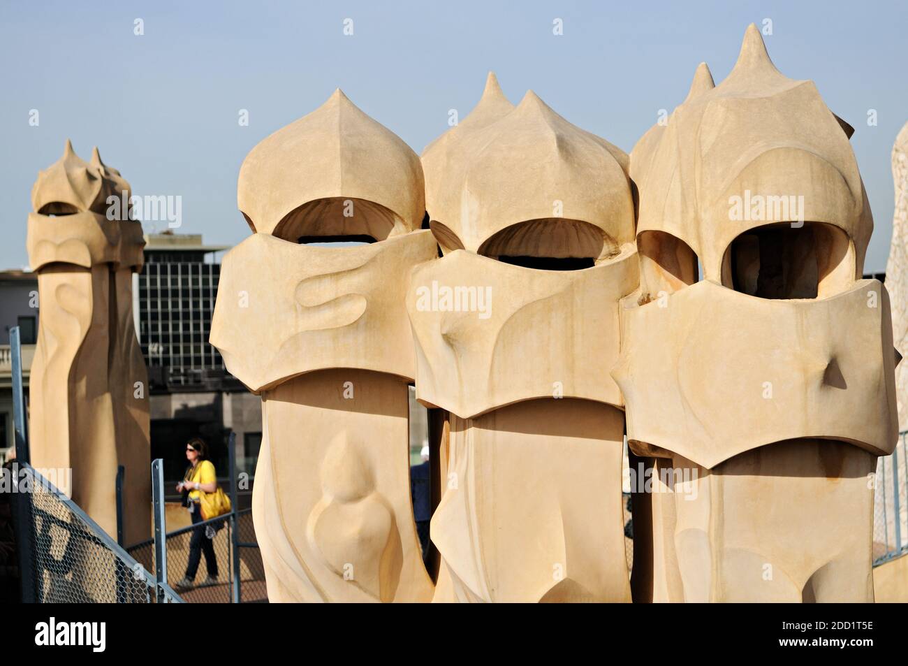 Detail of chimneys on the roof of Casa Mila (or La Pedrera) in Barcelona, Catalonia, Spain Stock Photo