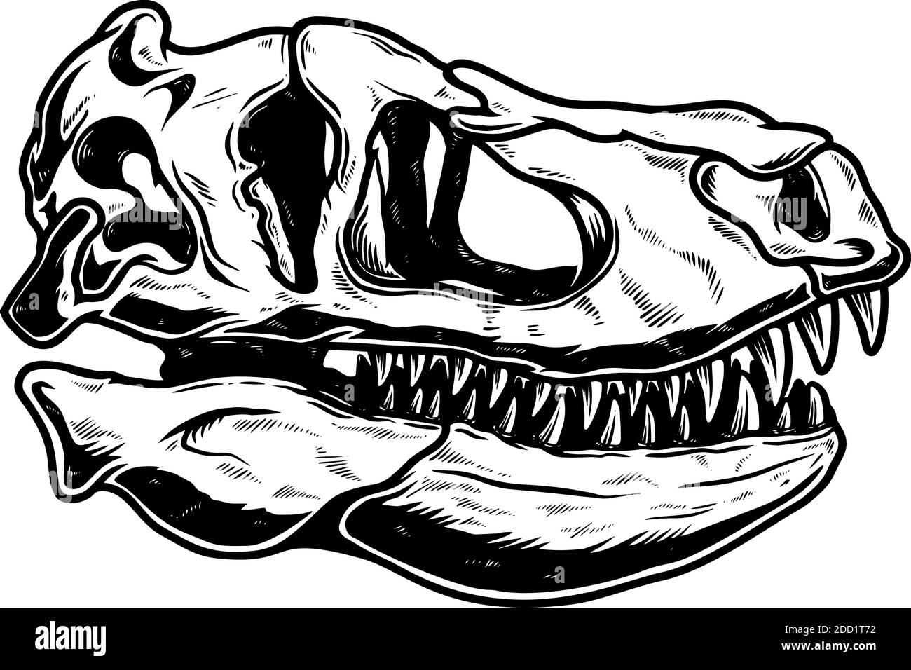 Illustration of skull of Tyrannosaurus dinosaur in vintage monochrome style. Design element for logo, emblem, sign, poster, card, banner. Vector illus Stock Vector