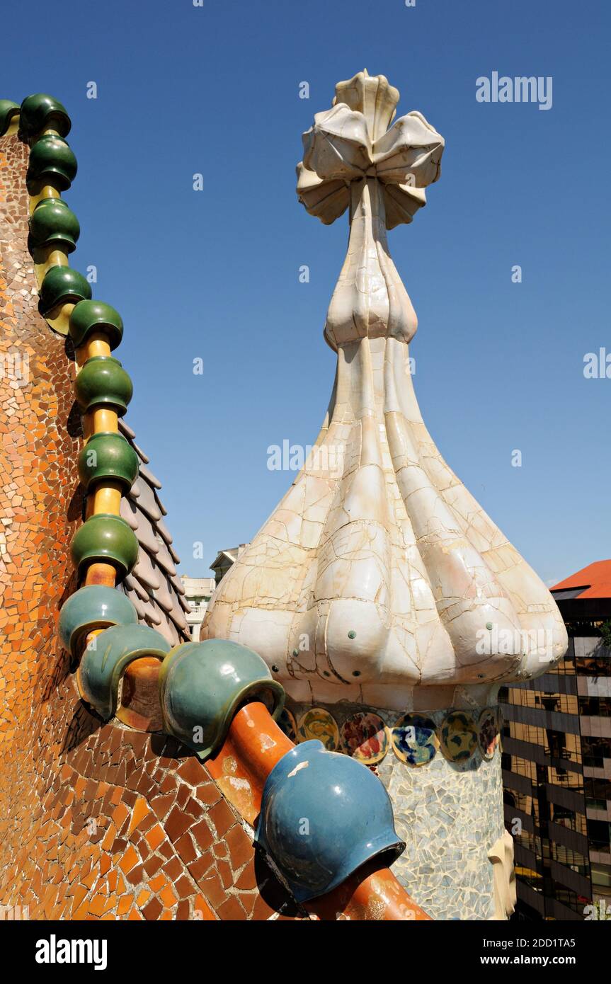 Gaudí cross and detail of the roof of Casa Batlló in Barcelona, Catalonia, Spain Stock Photo