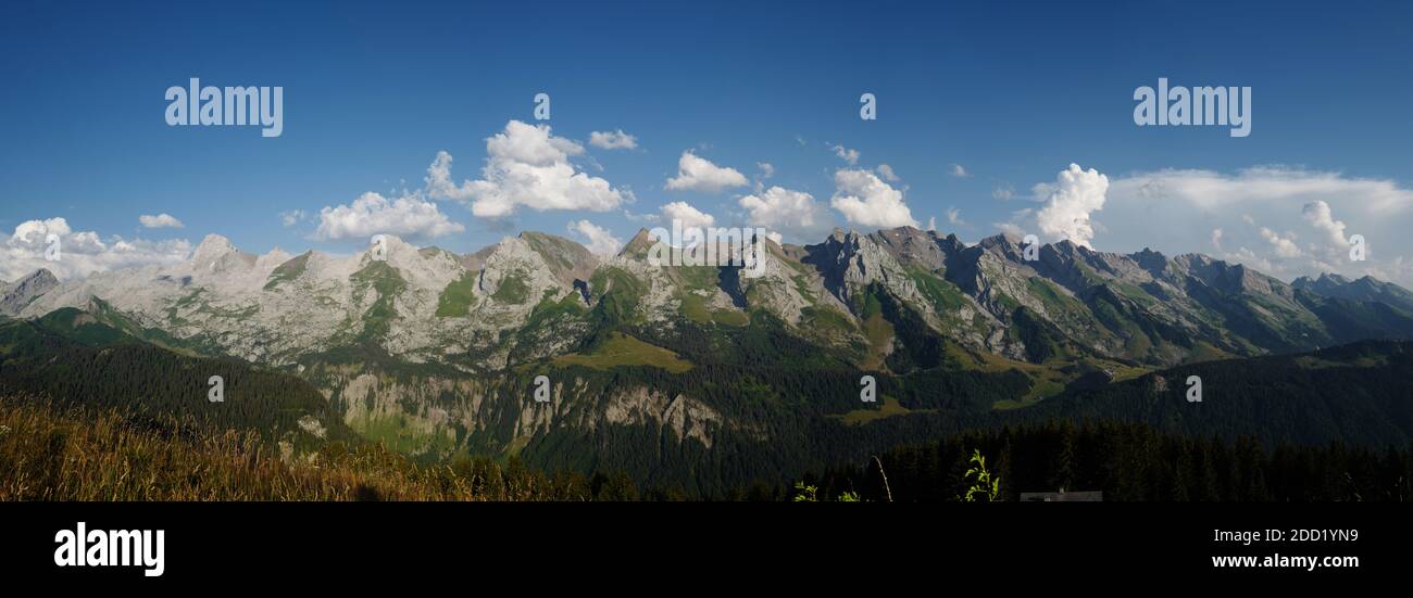 Panoramic view of Chaîne des Aravis, French Alps, France, as seen from Le Grand Bornand. Stock Photo