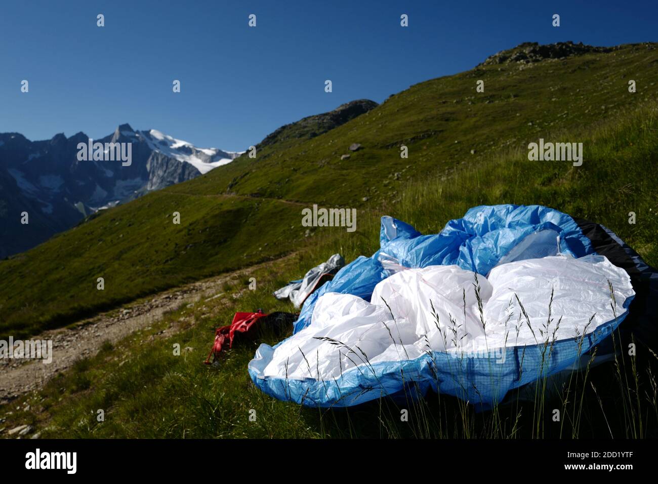 View of the Gross Wannenhorn after a slope landing in Bellwald while hike and flying in the Alps, Switzerland. Stock Photo