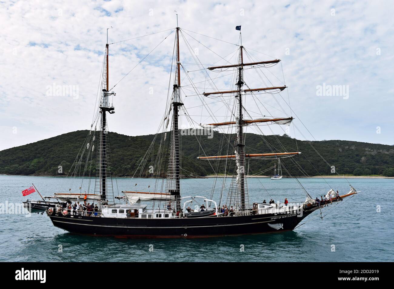The tall ship Spirit of New Zealand, a steel-hulled, three-masted barquentine. Built for youth development. Pictured in Bay of Islands, New Zealand Stock Photo