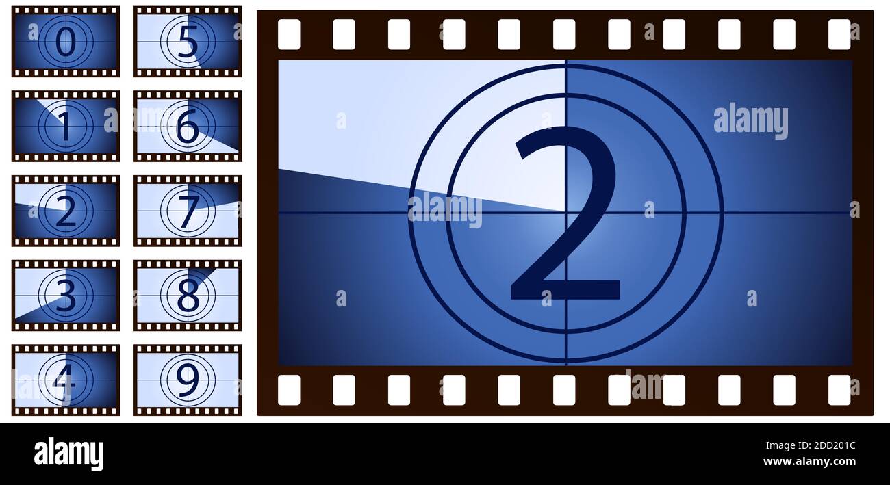 retro film countdown blue on white background. Isolated vector objects. EPS 10 Stock Vector