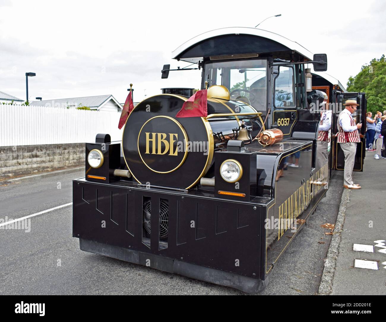The Hawke's Bay Express, a modern road train styled as an old-fashioned steam engine in Napier, North island, New Zealand. Stock Photo