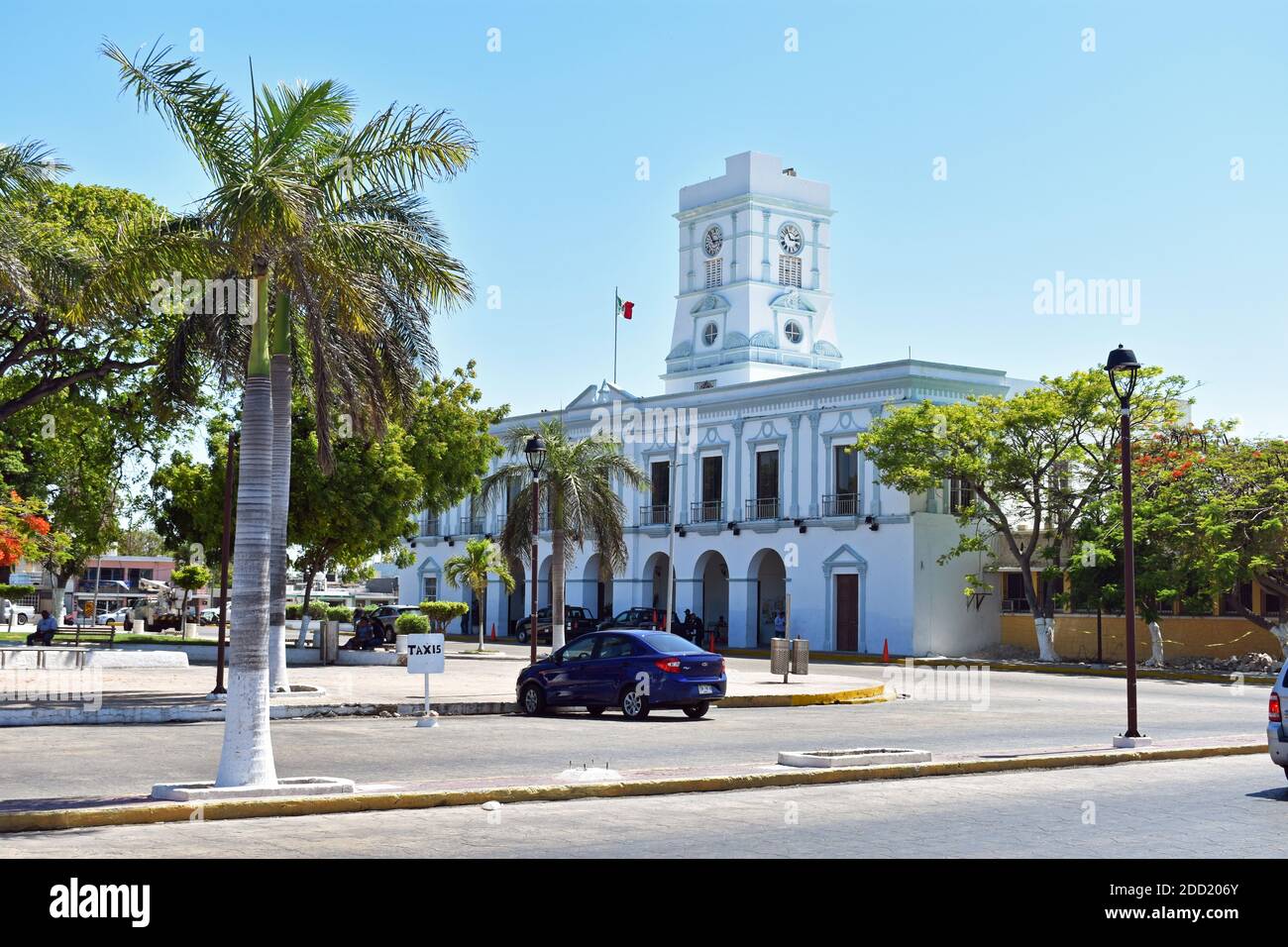 Ayuntamiento De Progreso, The blue and white government building in Independence Square, Progresso, Yucatan Peninsular, Mexico Stock Photo