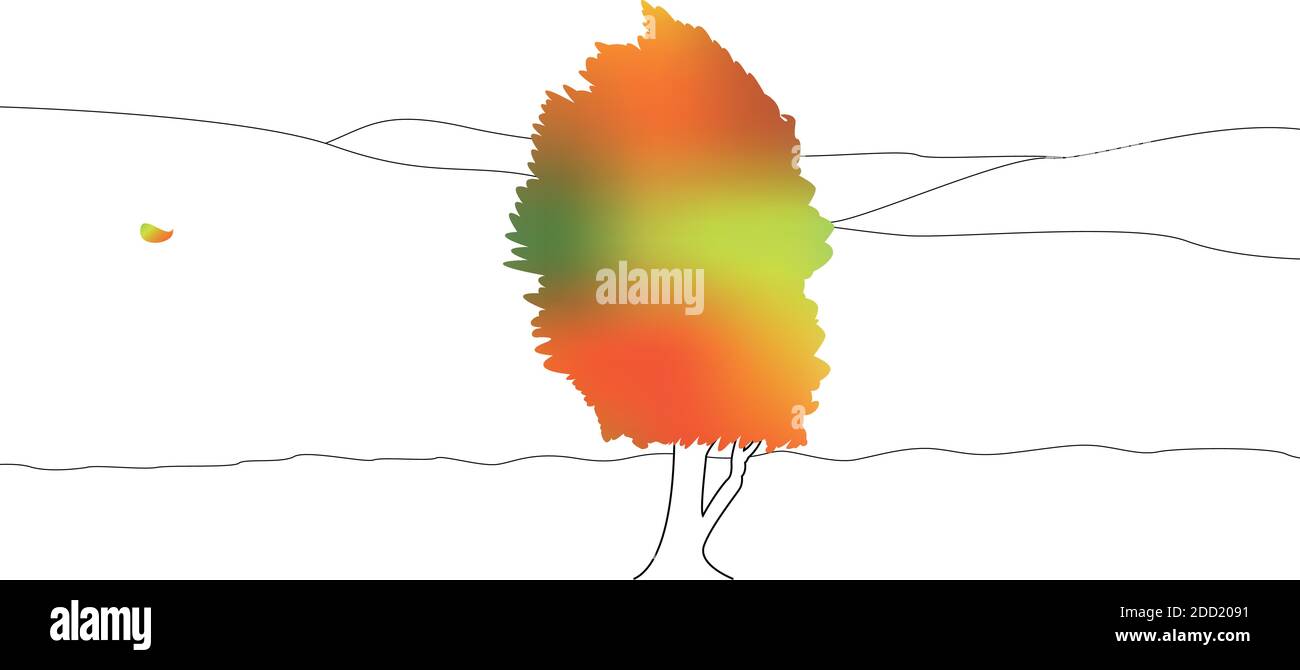 Shape of colour Tree, wind and falling autumn leaf. Vector outline