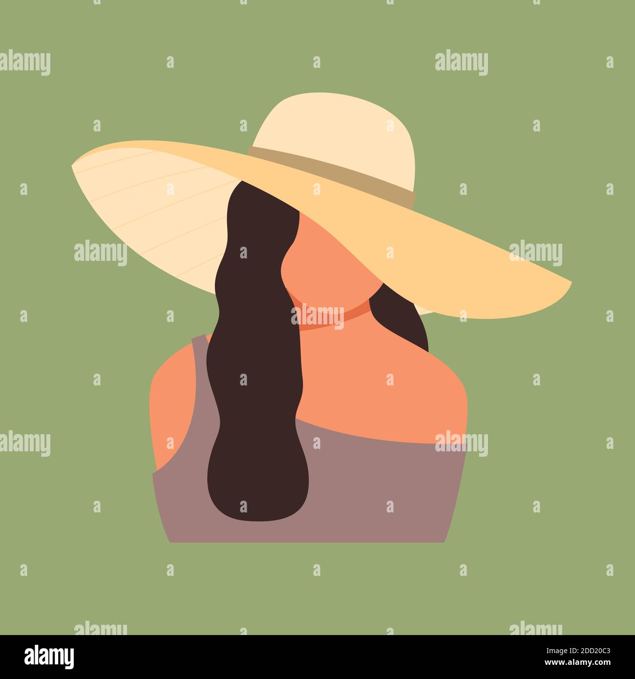 Woman in yellow hat on green background. Woman silhouette portrait