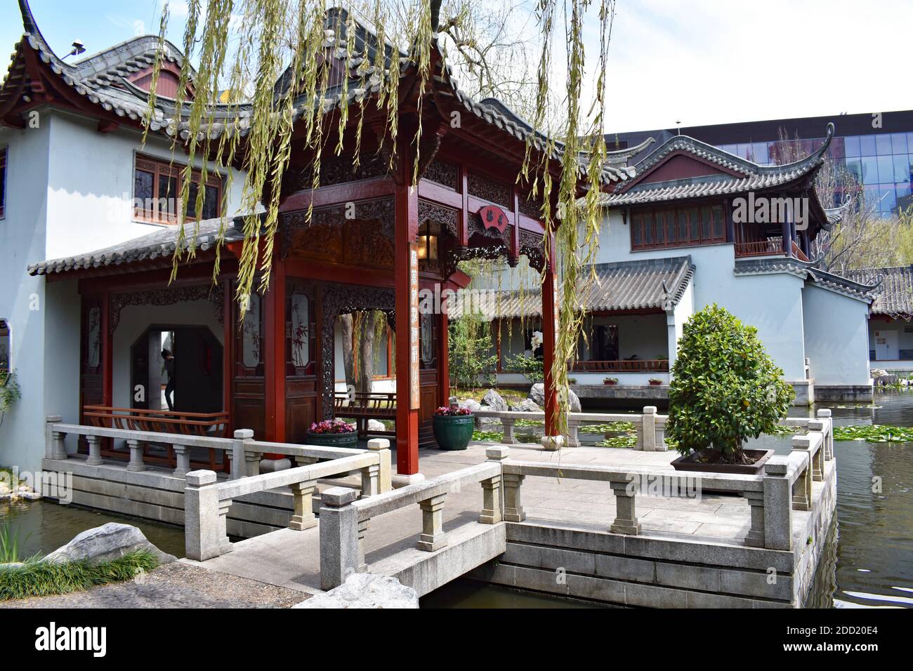 The Chinese inspired architecture in the Chinese Garden Of Friendship in Darlin Harbour, Sydney, New South Wales, Australia. Stock Photo