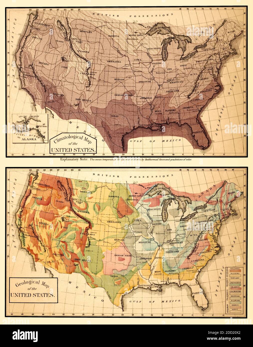 United States Geological and Climate Maps 1876. This is an enhanced, restored reproduction of an old scientific map of United States geological data. Stock Photo