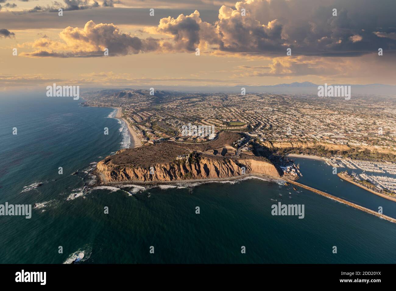 Aerial view of Dana Point on the Southern California pacific coast with sunset sky. Stock Photo
