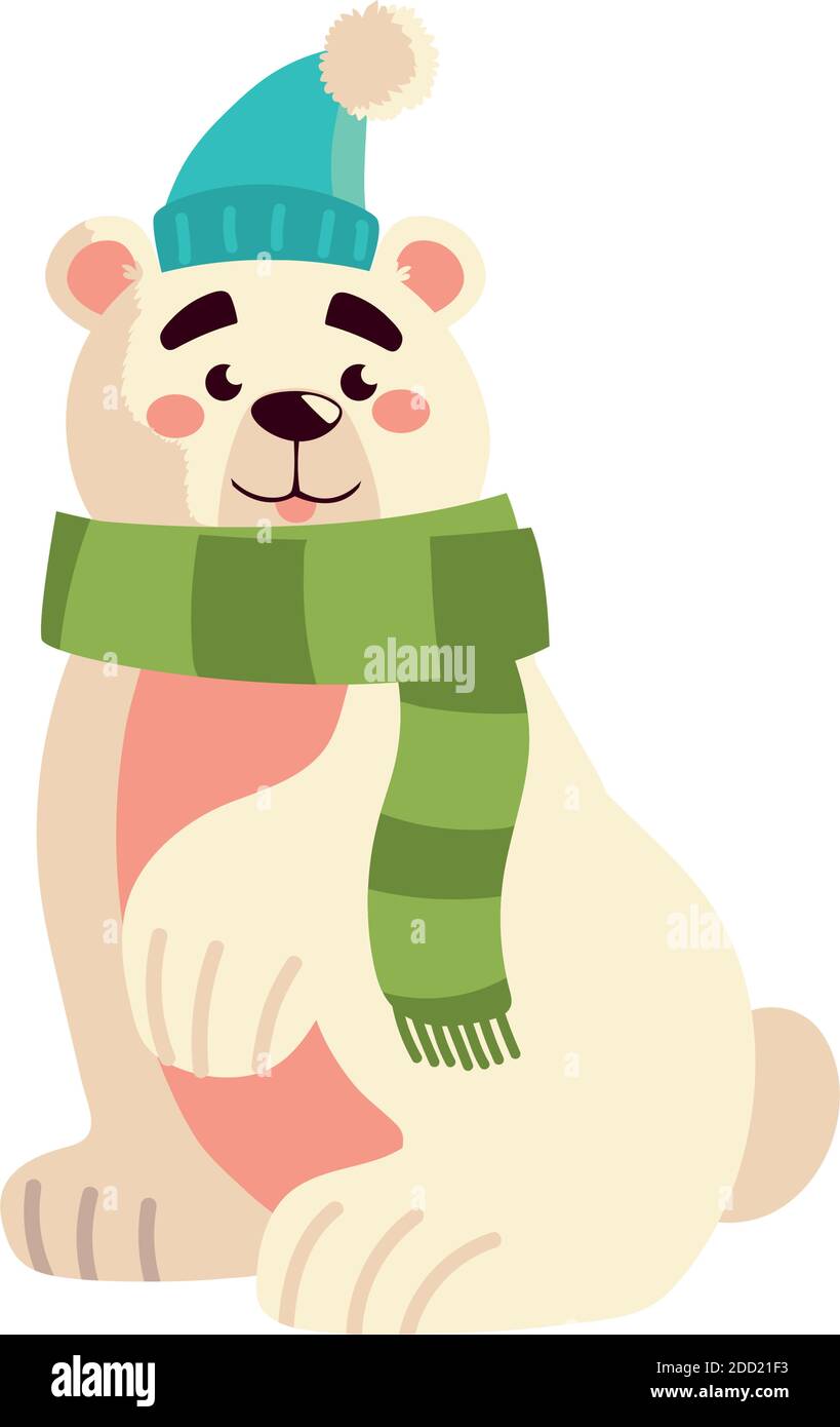 cute polar bear with scarf and hat character cartoon christmas on white ...