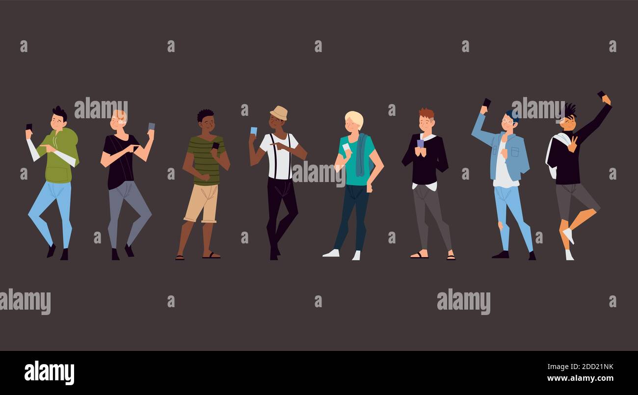 group young men characters using smartphone vector illustration Stock ...