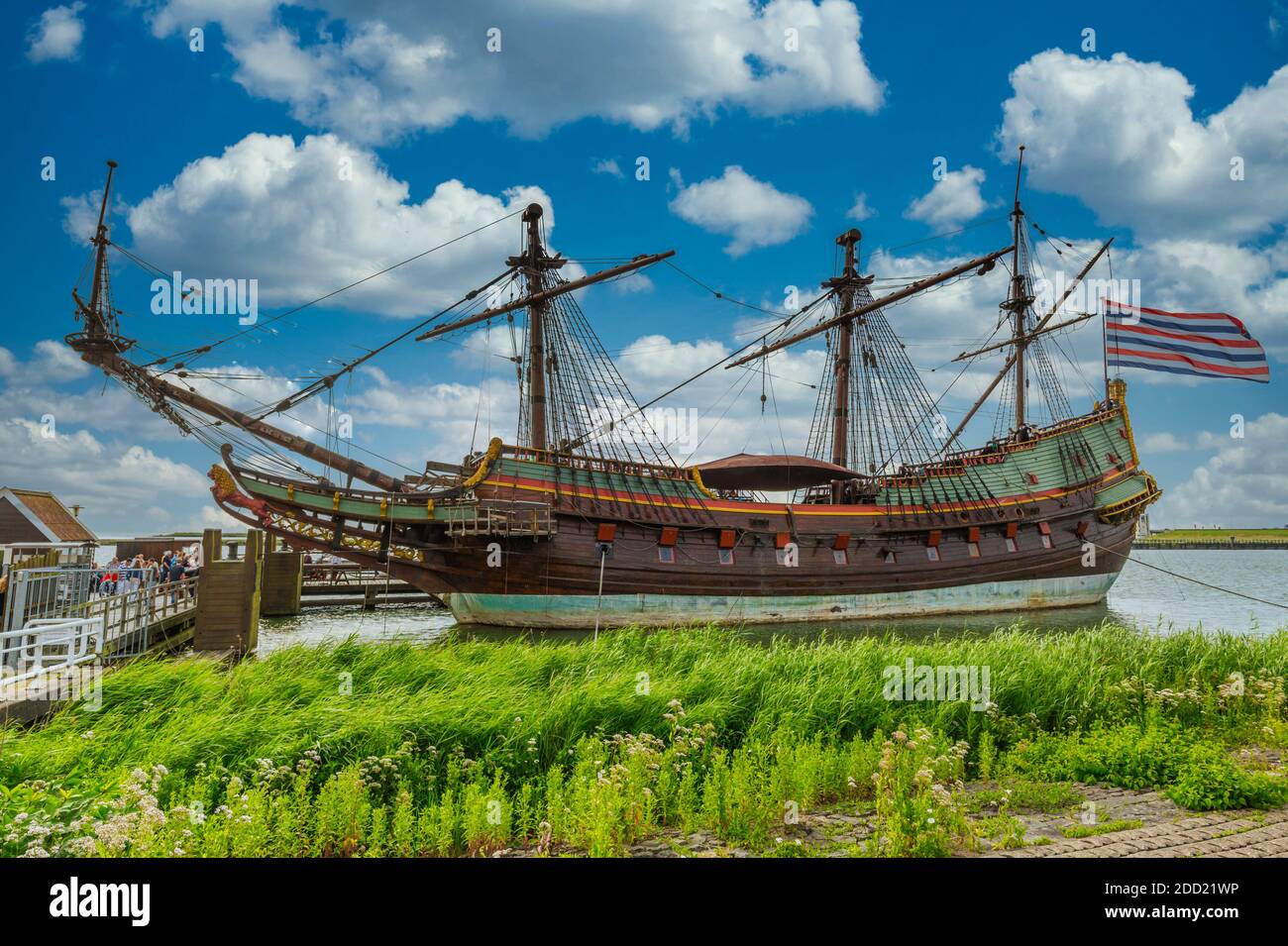 Batavia, Bataviahaven, Lelystad, Flevoland,  Netherlands, June, 16, 2018: Replica of a Dutch sailing ship from 17th century Stock Photo