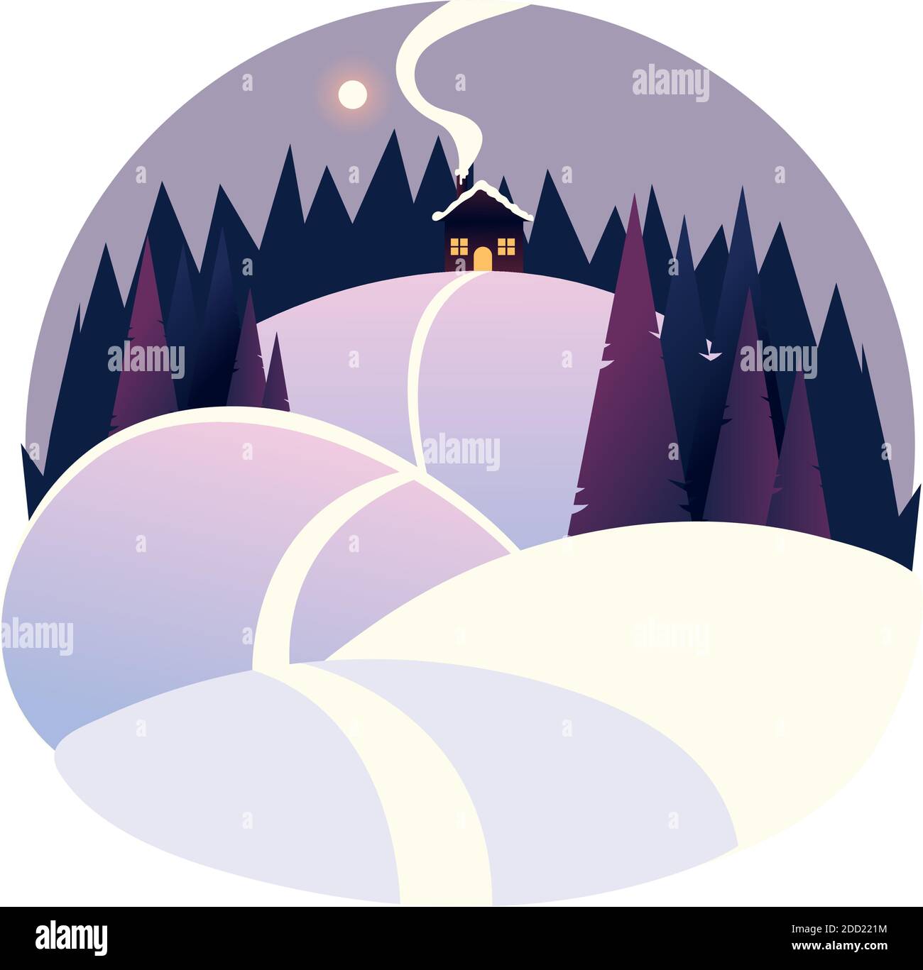 winter landscape cottage in the hill path in the snow vector ...