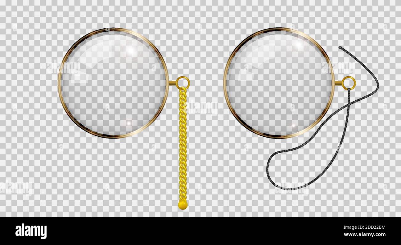 Gold monocle on chain and lace. Realistic 3D vector illustration Stock