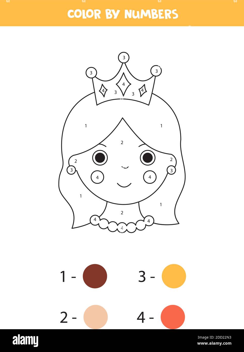 Coloring page with cartoon queen by numbers. Educational math game for kids. Stock Vector