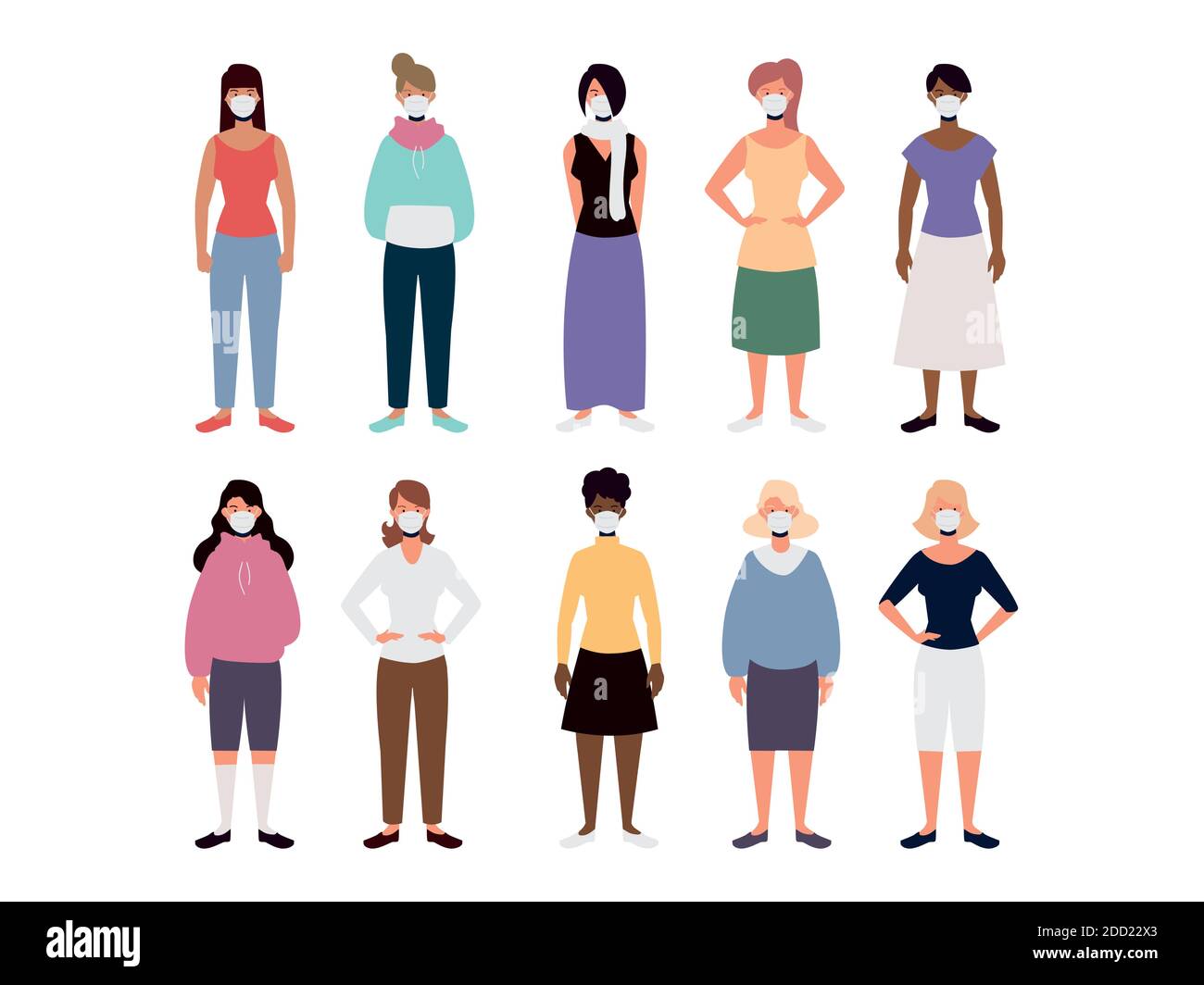 group women in protective medical face masks vector illustration Stock ...
