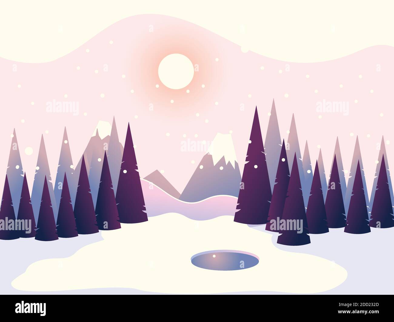 winter landscape pine trees forest mountains sky vector illustration ...