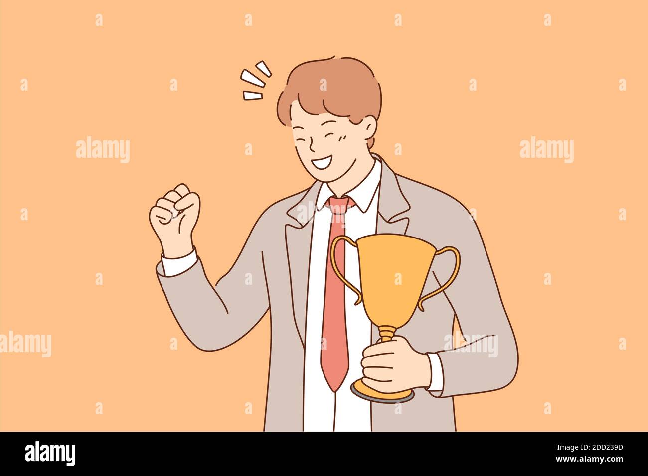 Success, celebration, win, goal achievement, business concept. Happy smiling young businessman clerk leader stands with cup, celebrating victory. Reac Stock Vector