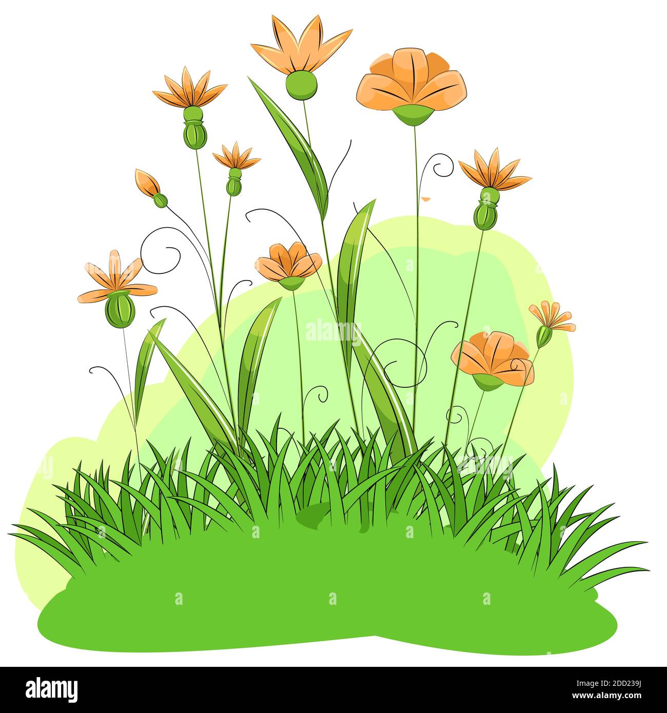 Blooming meadow with grass and flowers. Cartoon just style. Isolated on