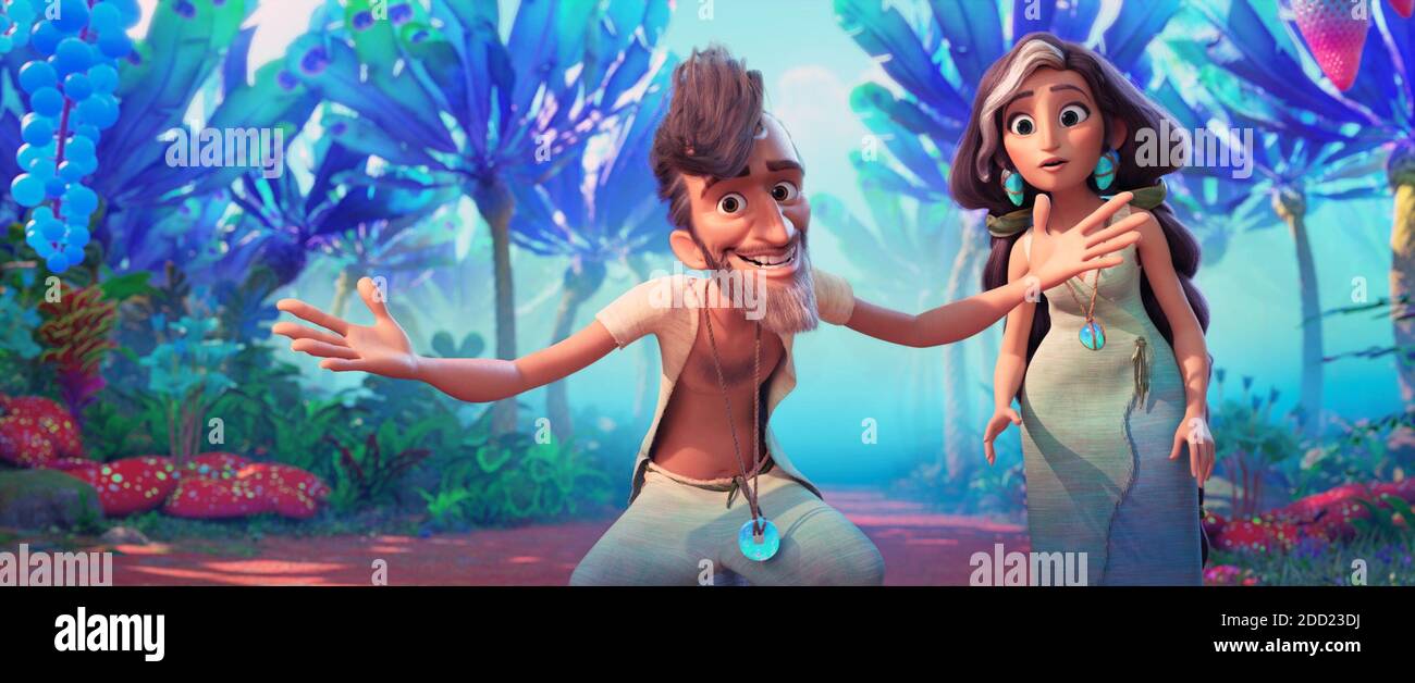 THE CROODS: A NEW AGE, (aka THE CROODS 2), from left: Phil Betterman  (voice: Peter Dinklage), Hope Betterman (voice: Leslie Mann), 2020. ©  Universal Pictures / Courtesy Everett Collection Stock Photo - Alamy