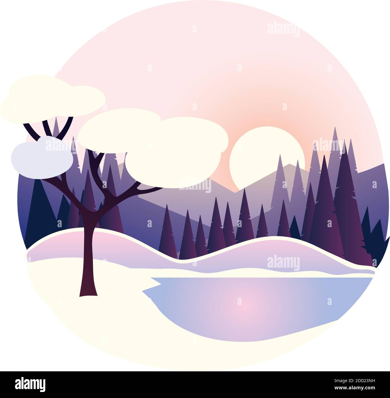 winter landscape pine forest mountains round design vector illustration ...