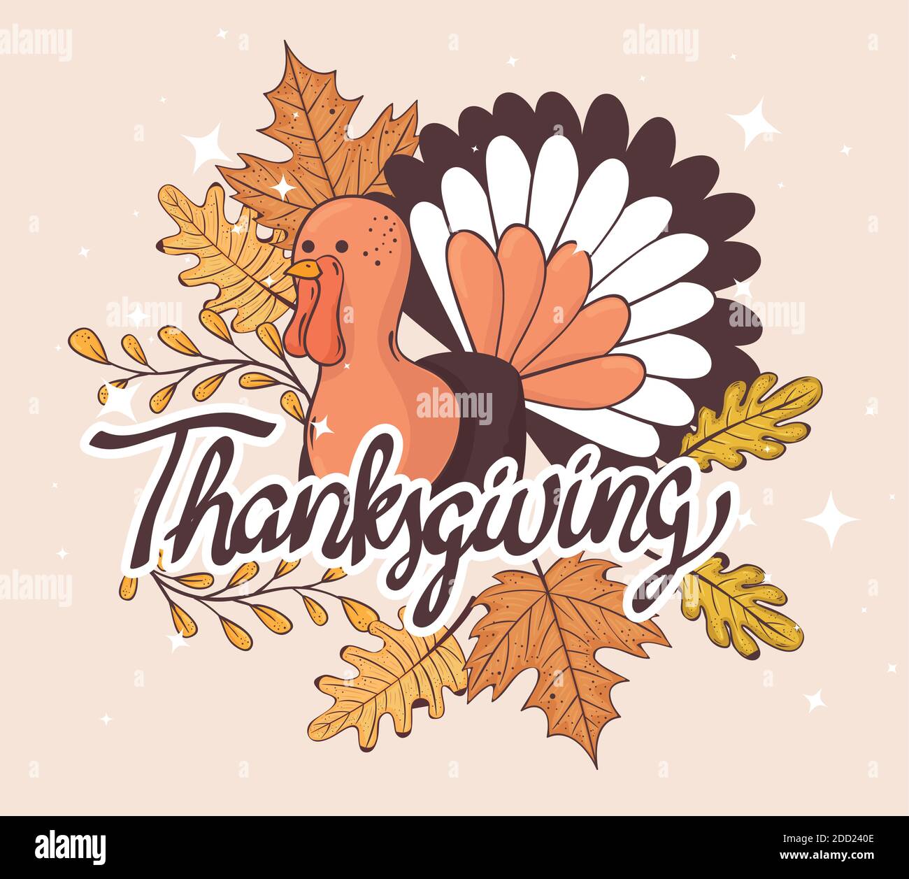 happy thanksgiving celebration lettering card with turkey and leaves ...