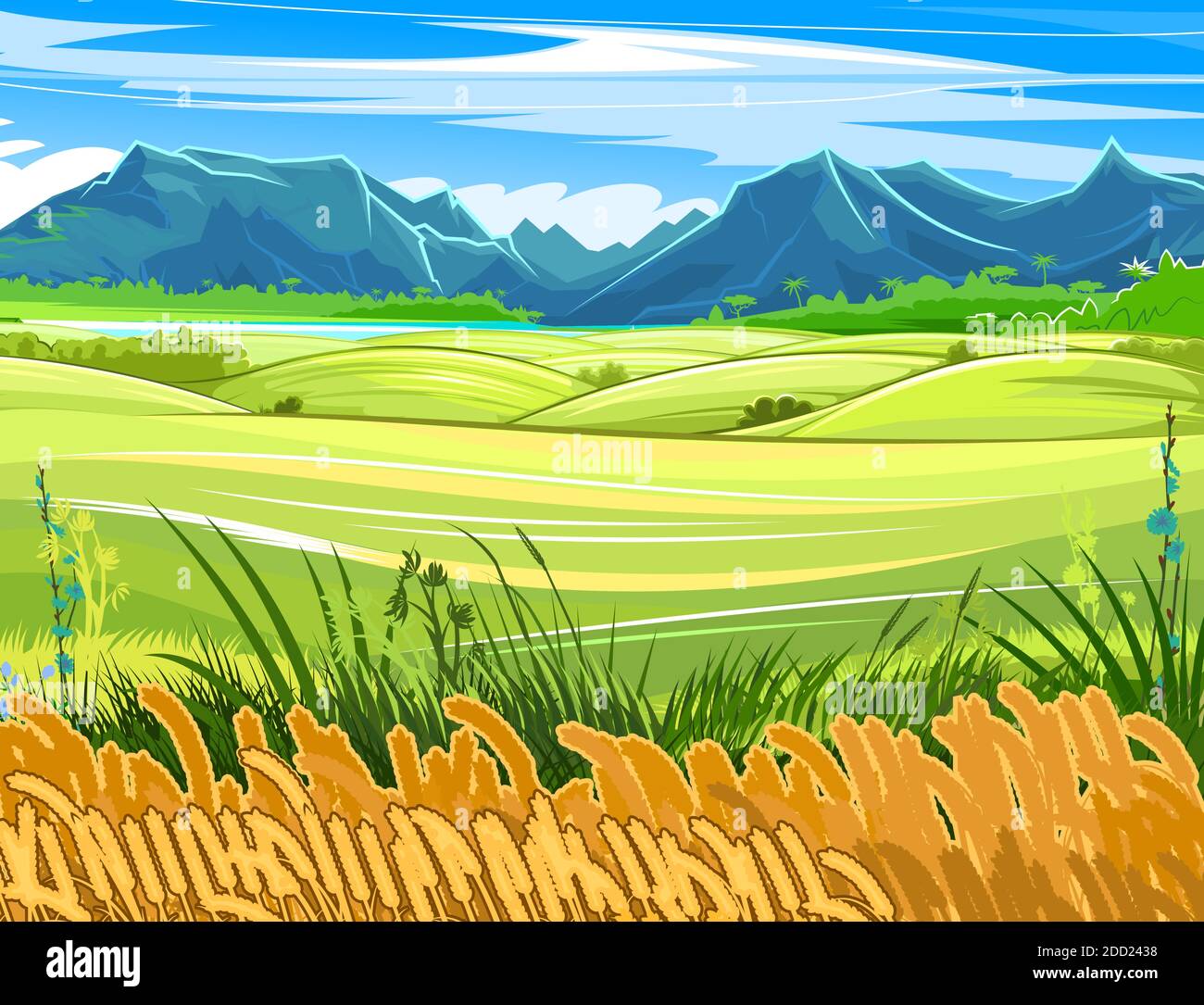 Wheat field. Rural hills and meadows. Scenery. Pasture grass for cows and a place for a vegetable garden and farm. Horizon. Great view of the Stock Vector