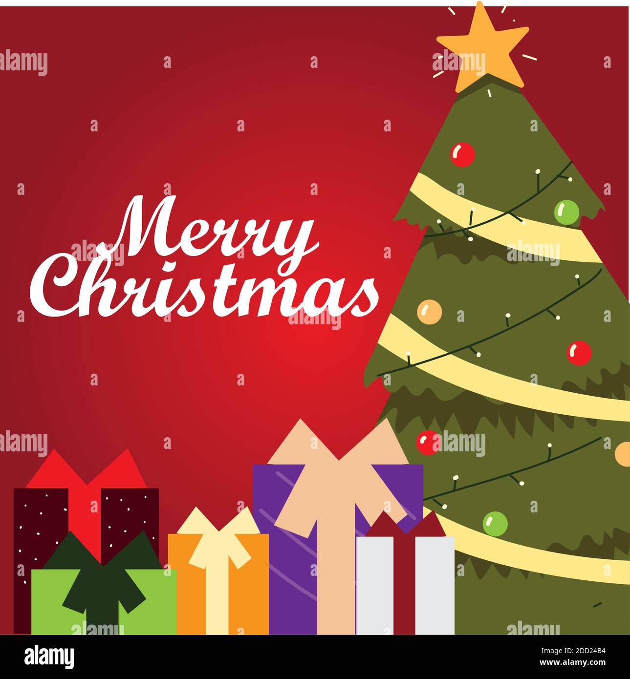 merry christmas greeting card tree with balls and gift boxes vector ...