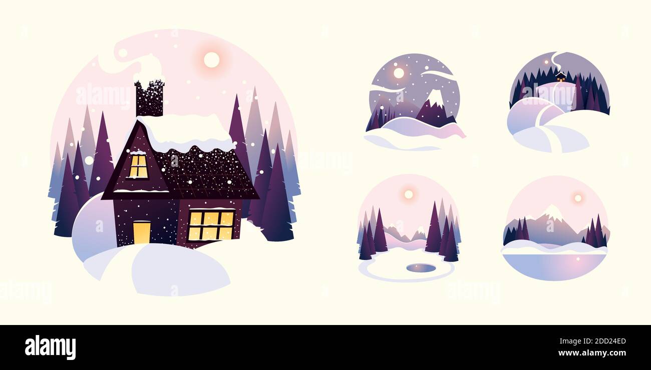 winter landscape house with mountains and pine trees vector ...