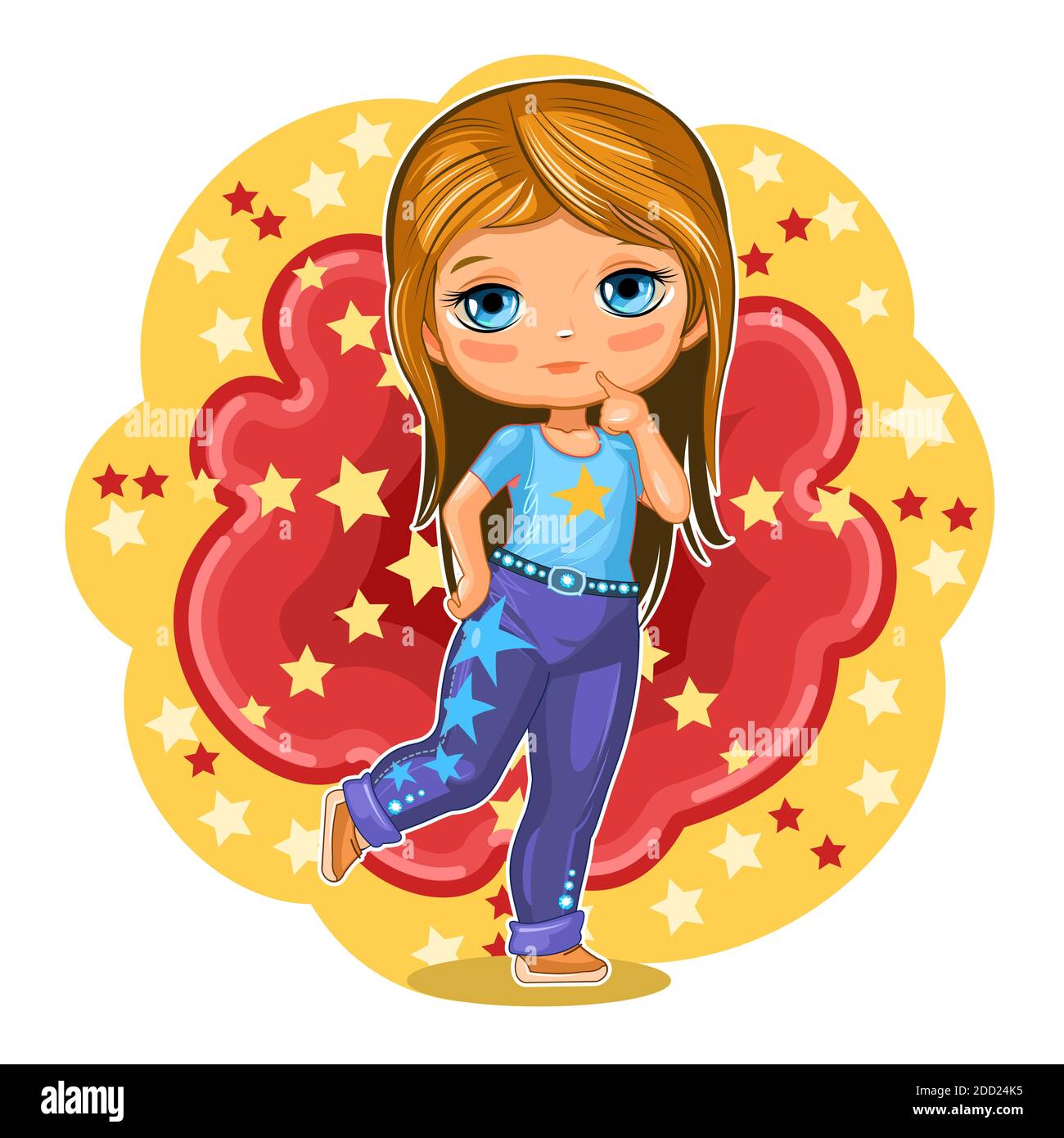 Cute little girl in jeans with stars. Cheerful funny child in a good mood. The isolated object on a white background. Young baby in beachwear. Cartoon Stock Vector