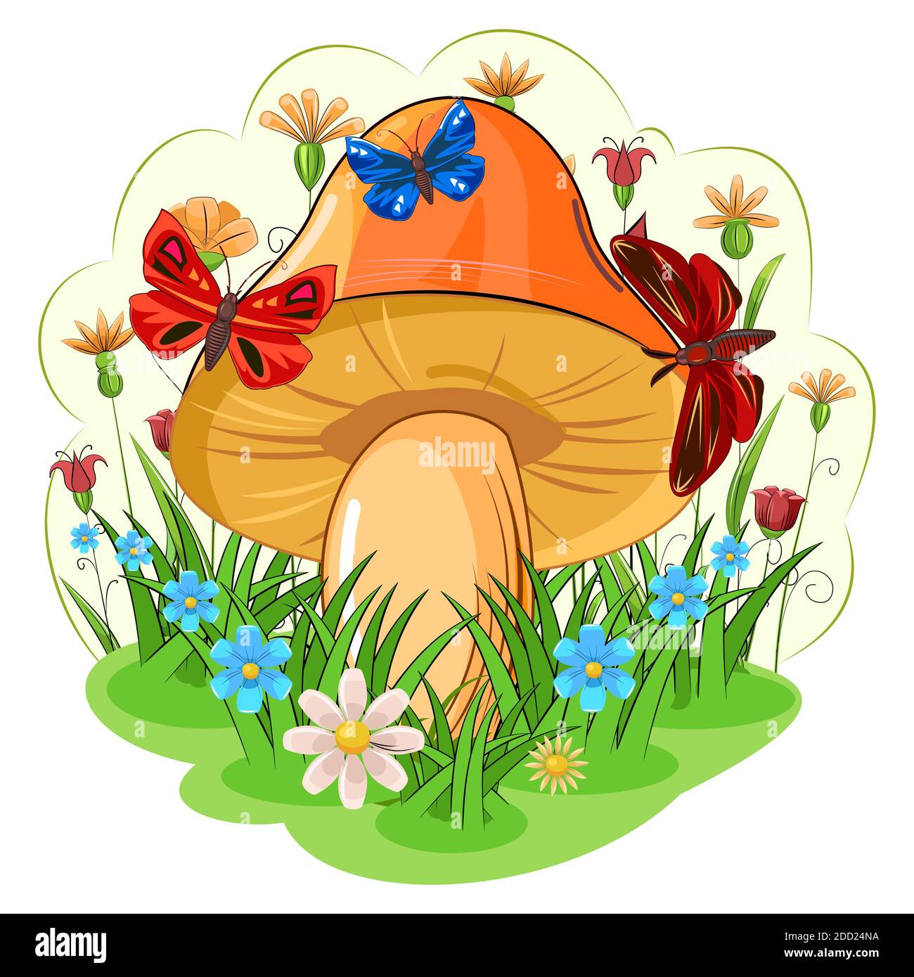 Orange mushroom on the background of a blooming meadow and butterflies. Cartoon flat style. Landscape. Wildflowers and grass. Isolated on white Stock Vector