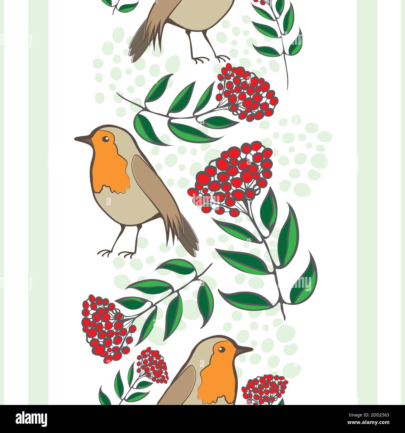 Robin Redbreast, berries, leaves, stripes seamless vector pattern background. Geometric backdrop with garden birds and red fruit cotoneaster plant Stock Vector