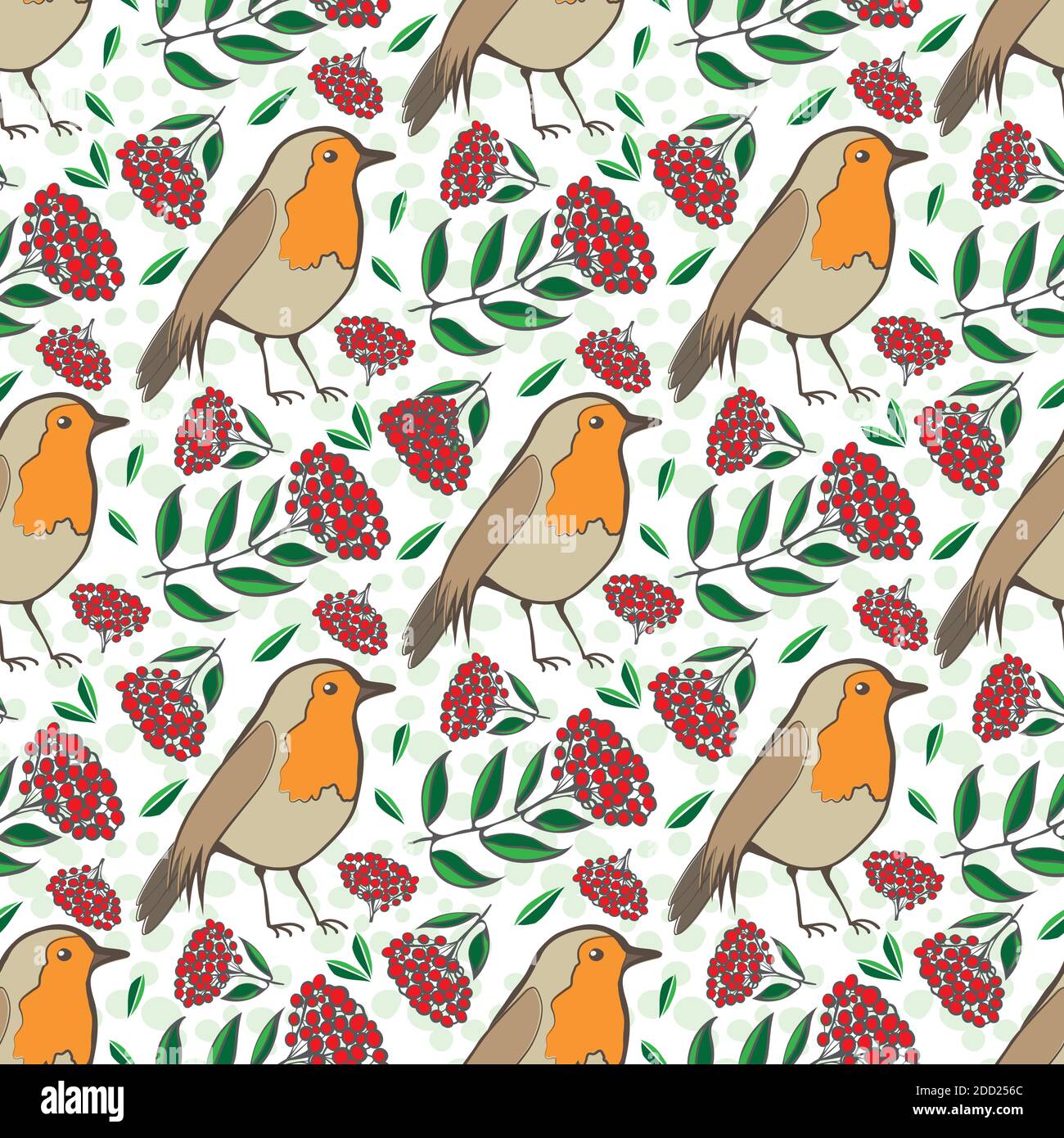 Robin Redbreast, berries and leaf foliage seamless vector pattern background. Red green backdrop with garden birds and fruit of cotoneaster plant Stock Vector