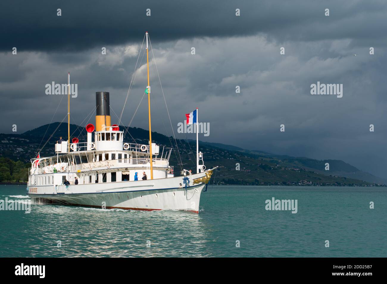 LAUSANNE, SWITZERLAND - June 24, 2013: Steambot 'La Suisse', entered service on May 31, 1910, in 2011 classified as a historic monument by the canton of Vaud. Stock Photo
