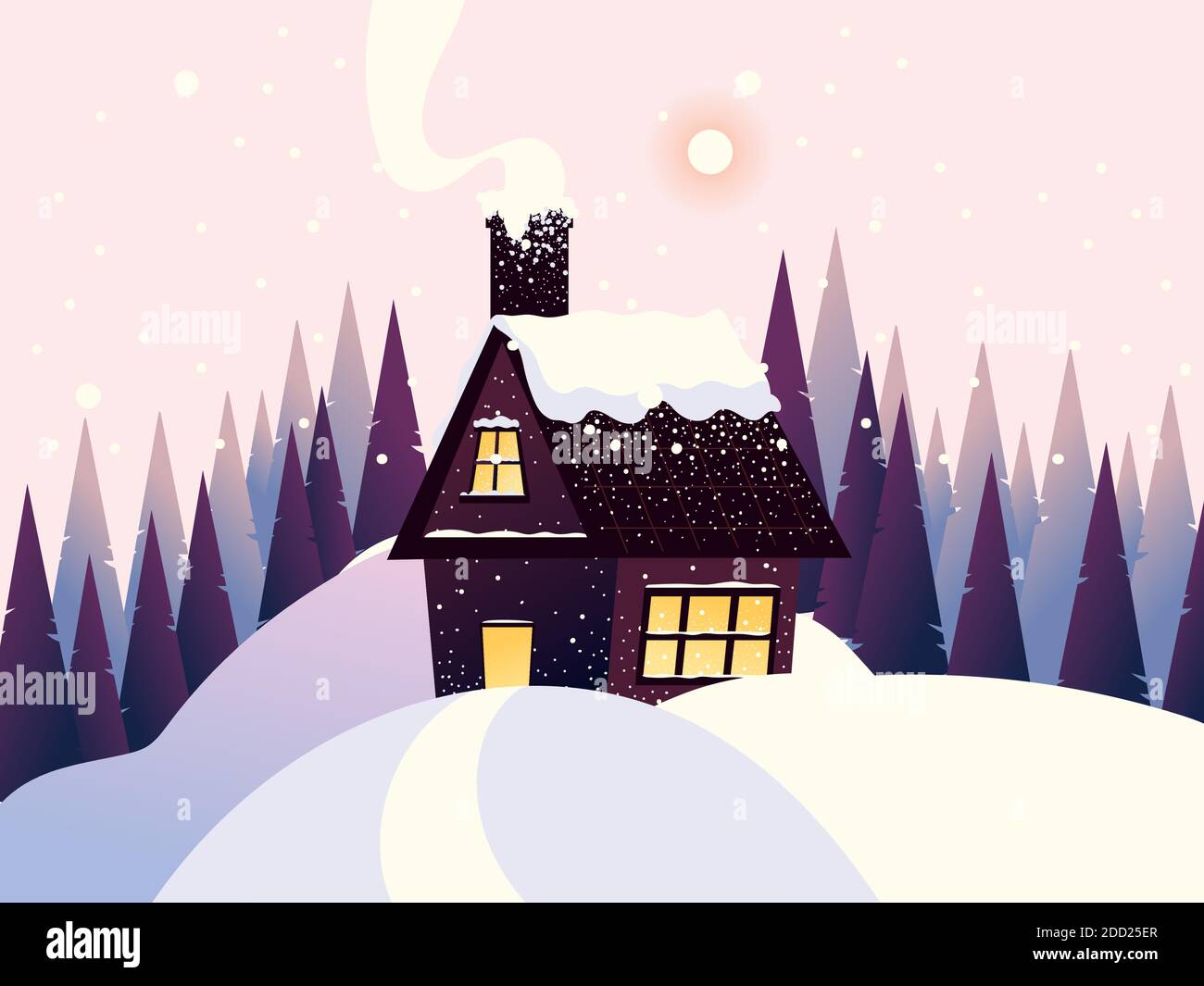 winter landscape cottage chimney snow pine trees vector illustration ...