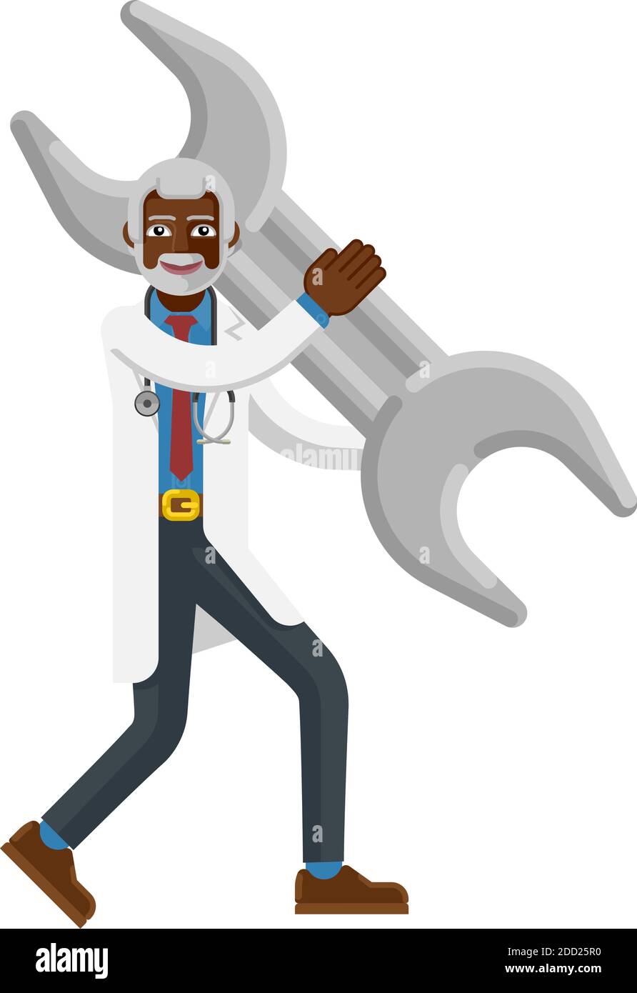 Mature Black Doctor Man Holding Spanner Wrench Stock Vector