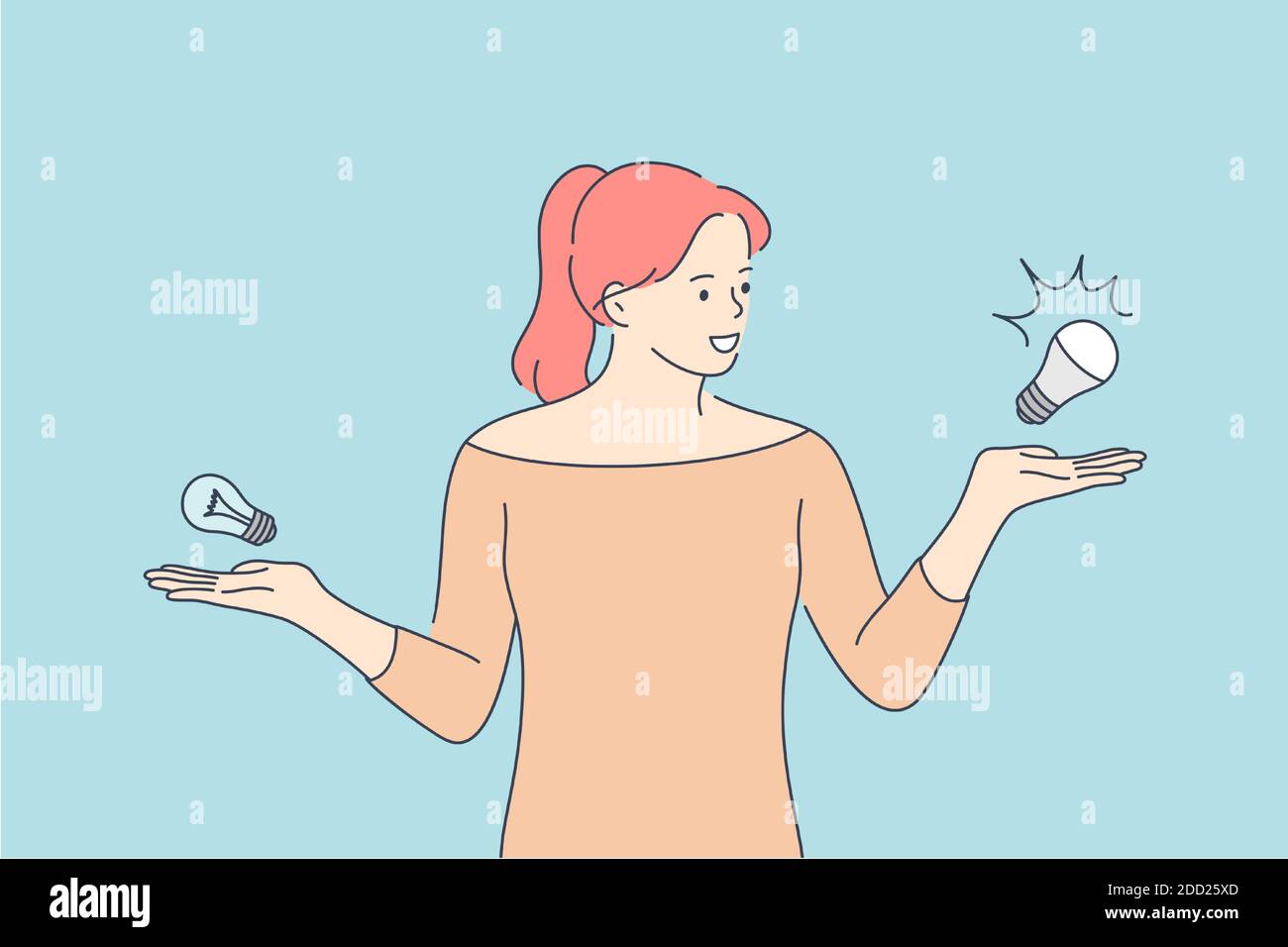 Choice, ecology, energy, recycling concept. Young happy smiling woman girl cartoon character standing and comparing energy saving light bulb with inca Stock Vector Image & Art - Alamy Choice, ecology, energy, recycling concept. Young happy smiling woman girl cartoon character standing and comparing energy saving light bulb with inca Stock Vector Image & Art - Alamy