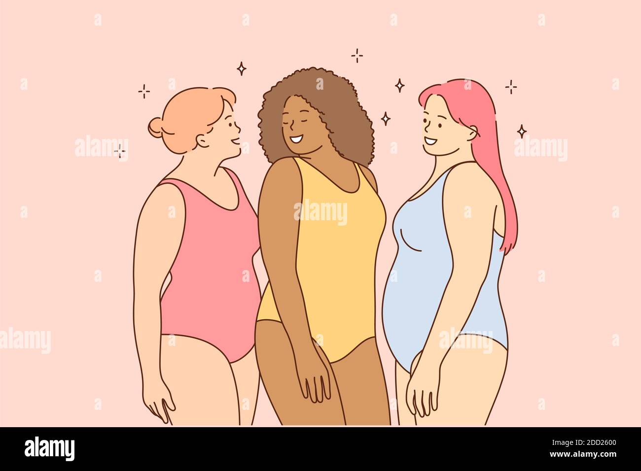 Young happy obese thick women friends tourists characters in swimsuits stan...