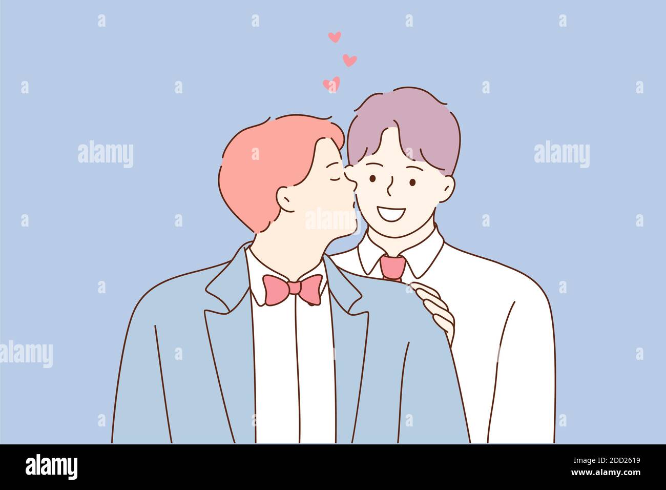 Wedding, love, feeling, lgbt concept. Young happy smiling cheerful newlywed  gay coule men boys guys grooms cartoon characters stand together kissing  Stock Vector Image & Art - Alamy