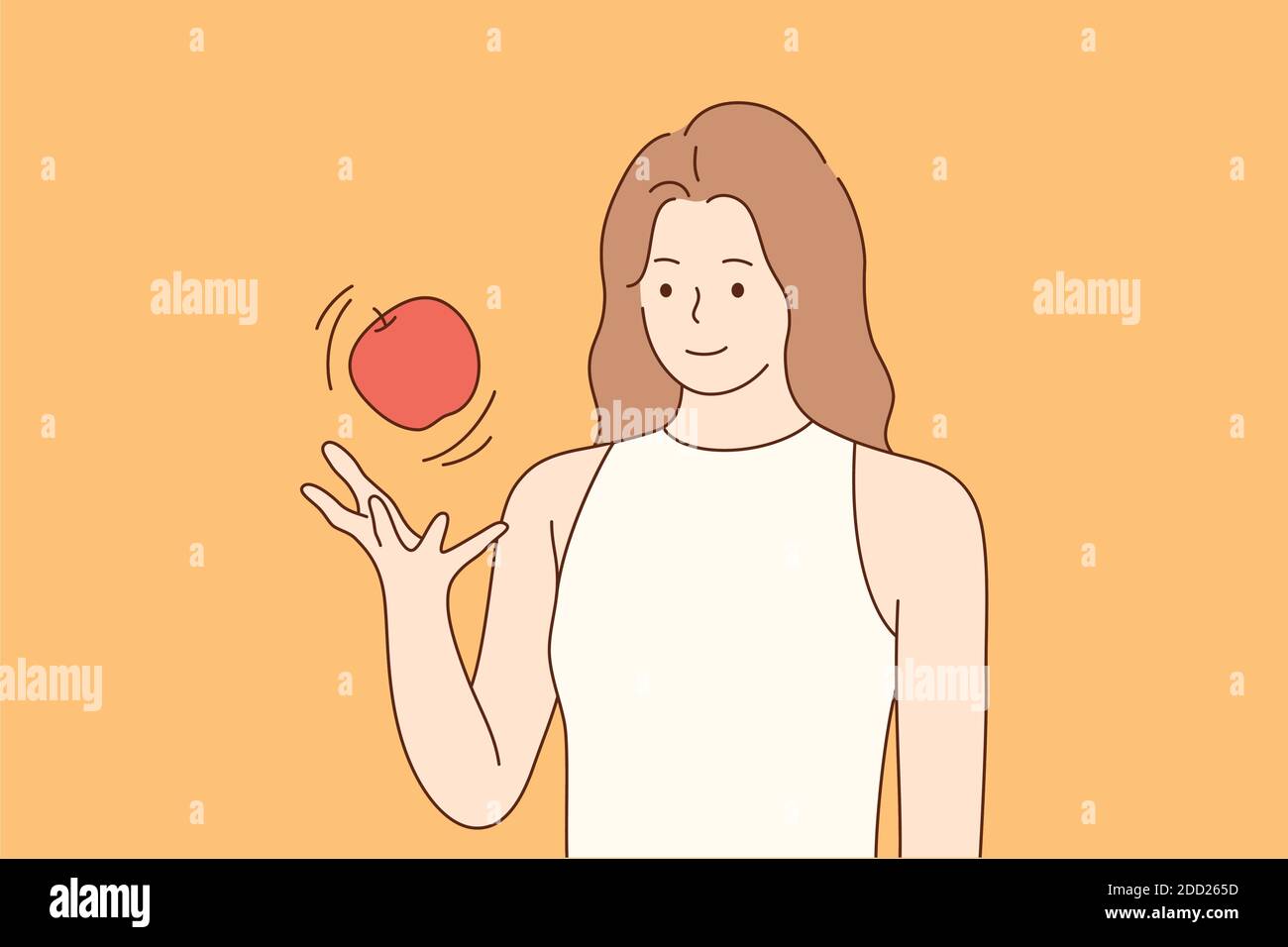 Health, care, food, vegan, diet concept. Young happy smiling woman girl cartoon character throwing fresh fruit red apple in air. Healthy lifestyle and Stock Vector