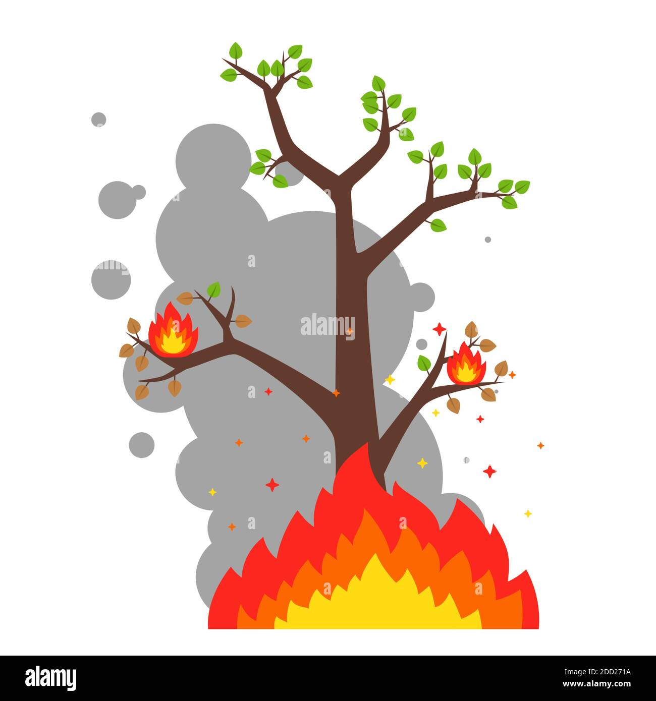 lonely burning tree on a white background. destruction of the forest by