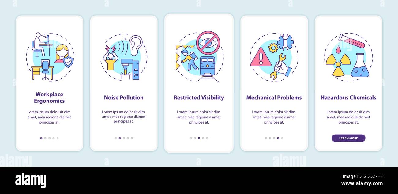 Workplace safety concerns onboarding mobile app page screen with concepts Stock Vector
