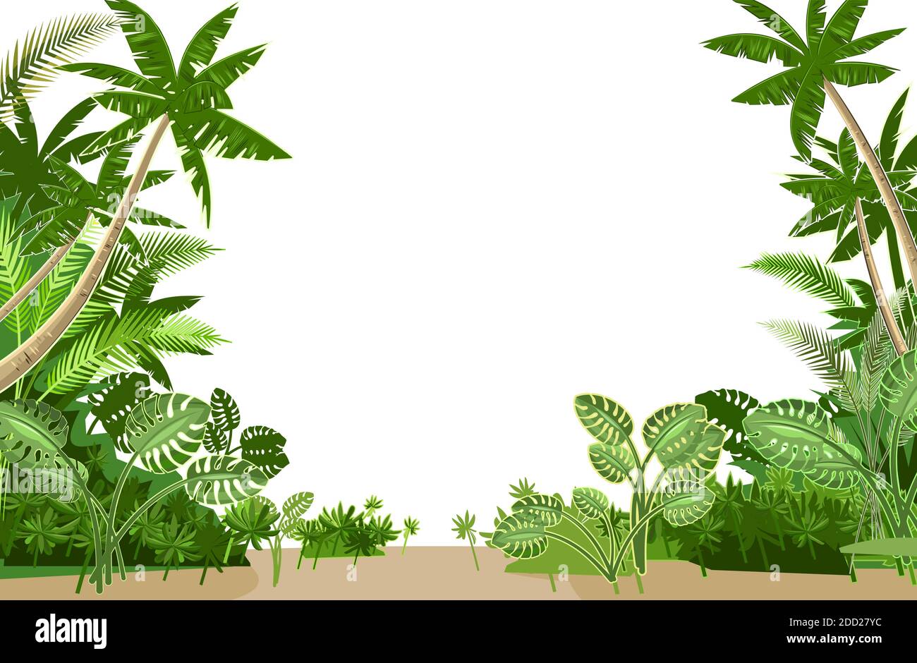 Jungle. Frame from tropical plants and palms. Plants grow in the sand. Flat style. Isolated on white background. Stock Vector