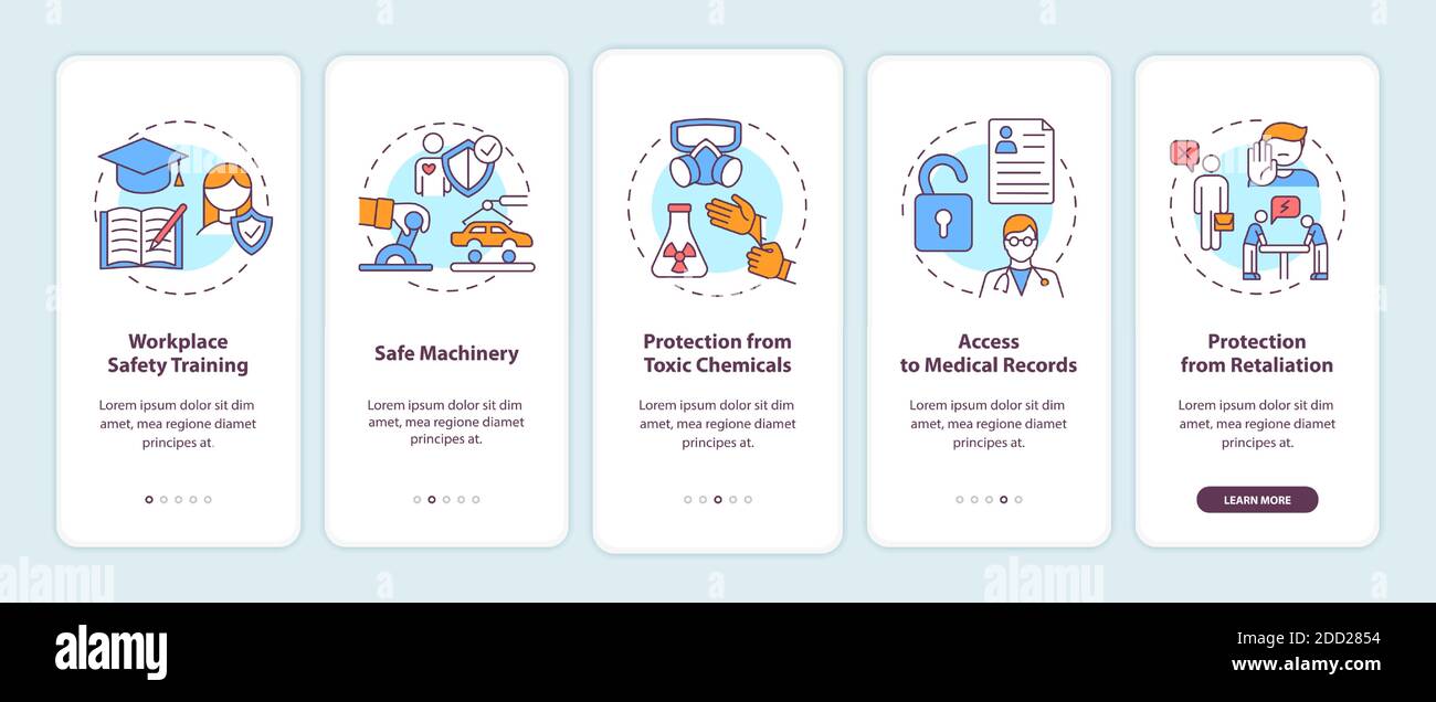 Workplace safety rights onboarding mobile app page screen with concepts ...