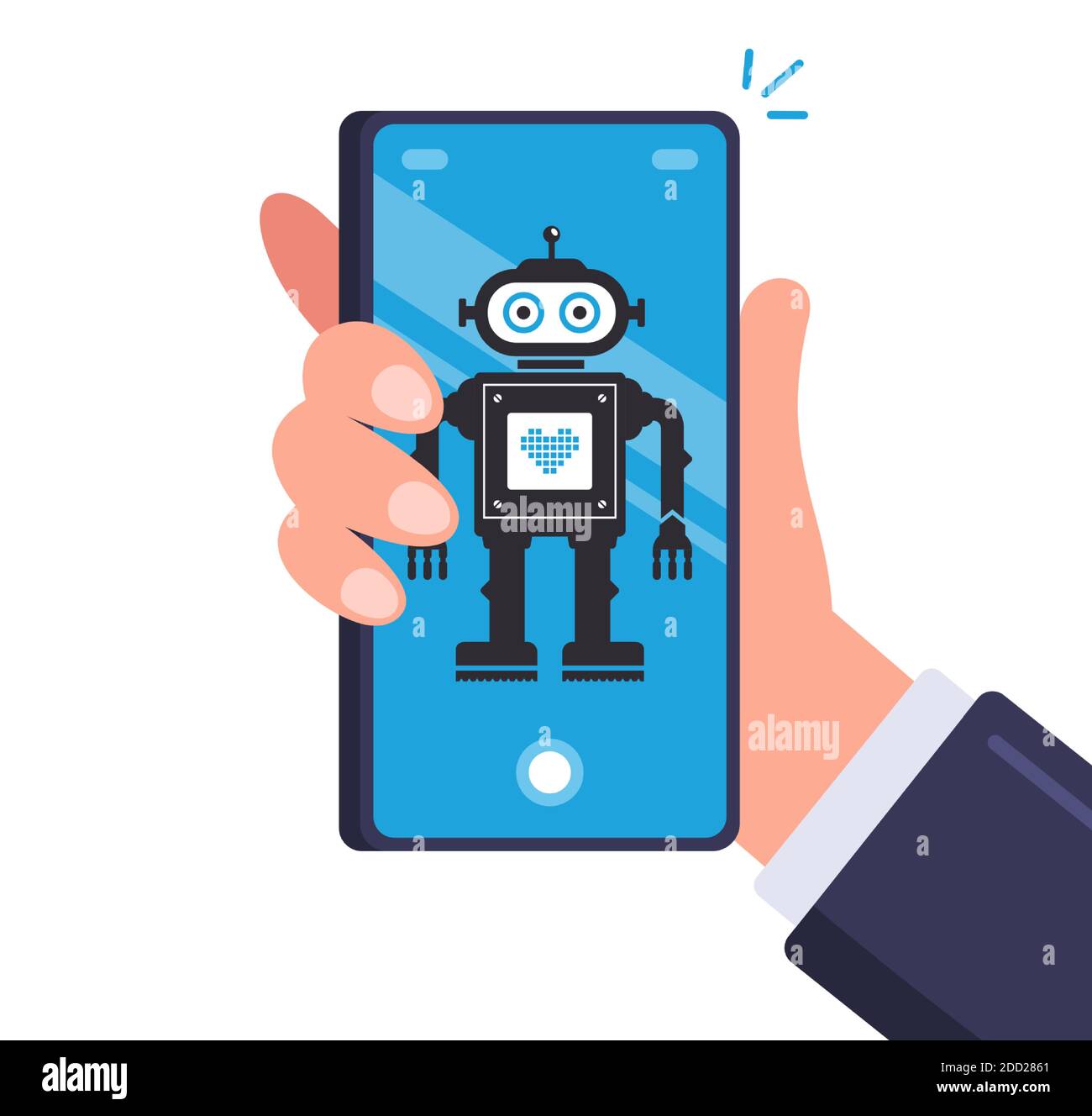 smart robot in men smartphone. android on a mobile device. flat vector illustration. Stock Vector