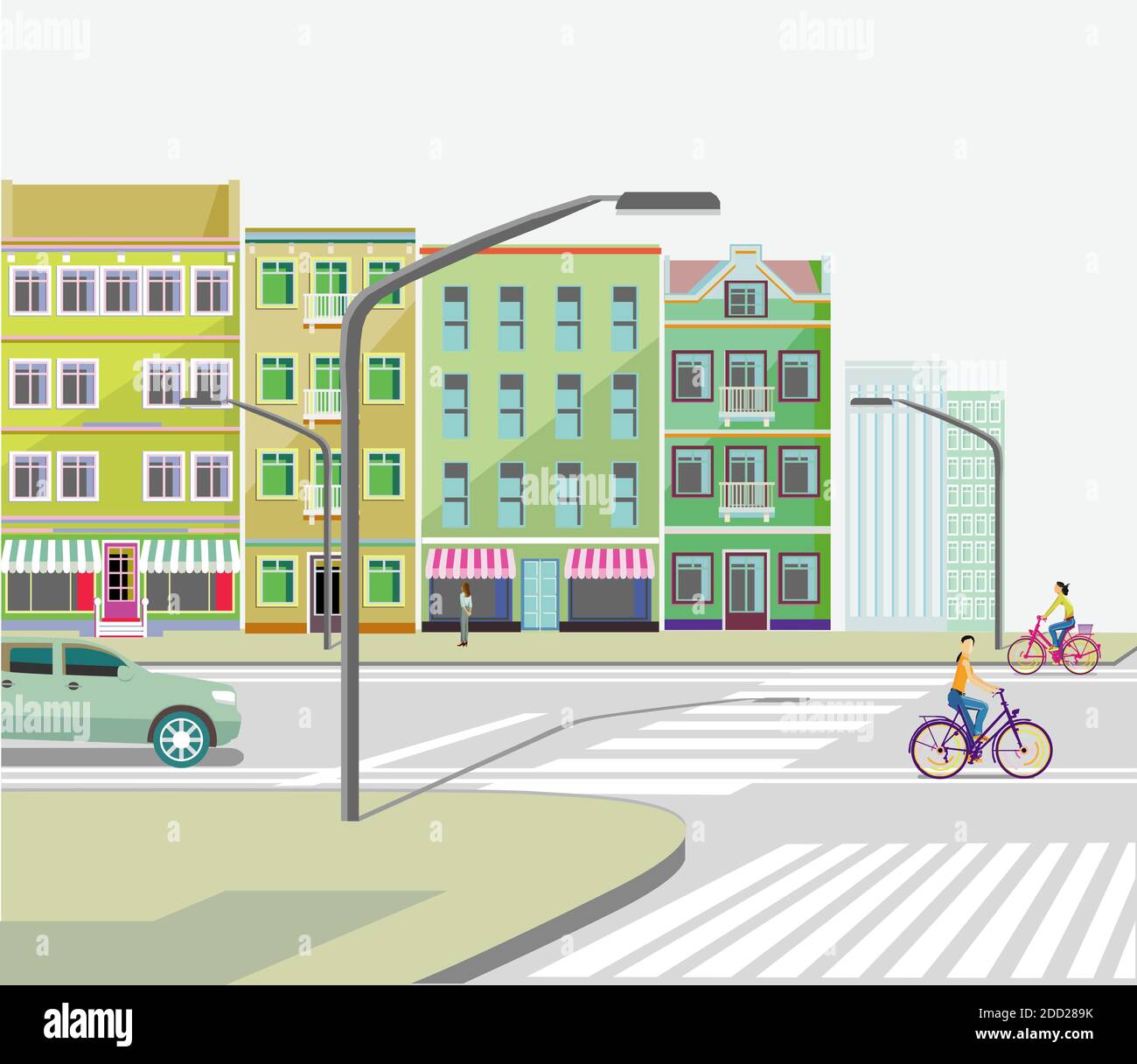 City with road traffic, apartment buildings and cyclists Stock Vector
