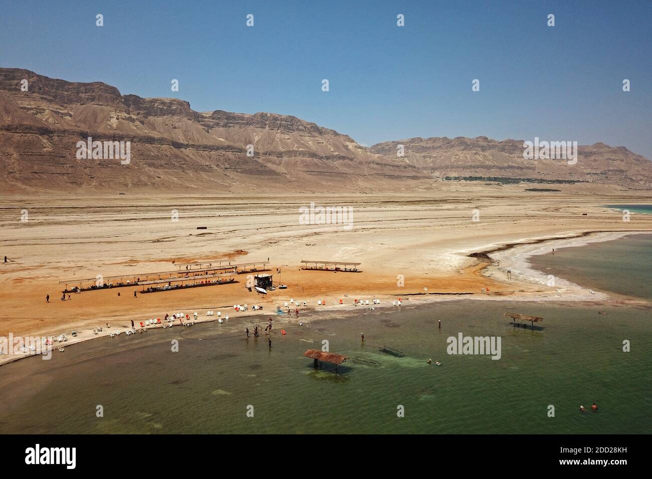 Aerial view of the Ein Gedi Baths on the western shore of the Dead Sea in the vicinity of Ein Gedi, Israel. Stock Photo